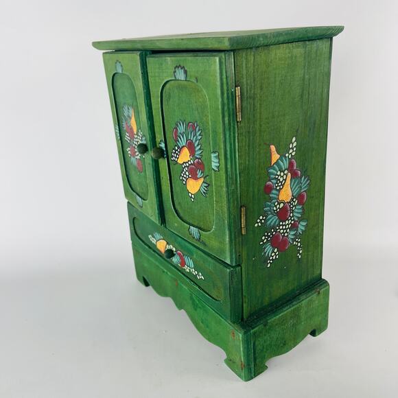 Folk Art Hand Painted Wood Green Small Box Doll Armoire 9 3/8 x 7 3/16 x 3 7/8” - Picture 3 of 6